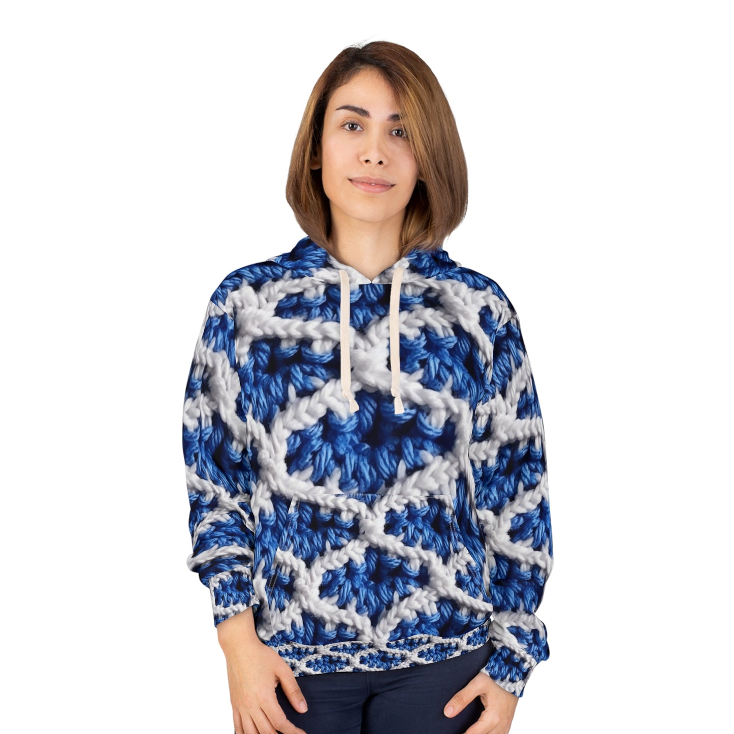 Blueberry Blue Crochet, White Accents, Classic Textured Pattern - Unisex Pullover Hoodie (AOP)