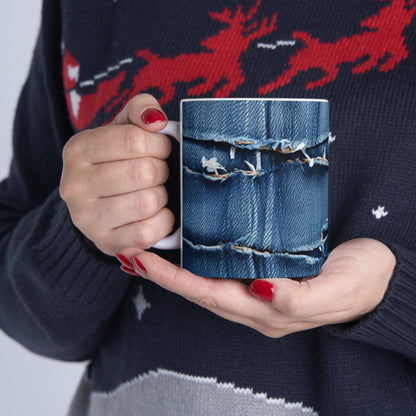 Denim desgastado azul medianoche: diseño resistente, rasgado y elegante - Taza de cerámica de 11 oz 