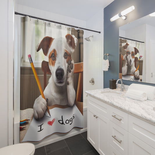 Adorable Dog Writing I Love Dogs, Cute Pet with Pencil Illustration, Animal Lover Artwork, Playful Canine - Shower Curtains