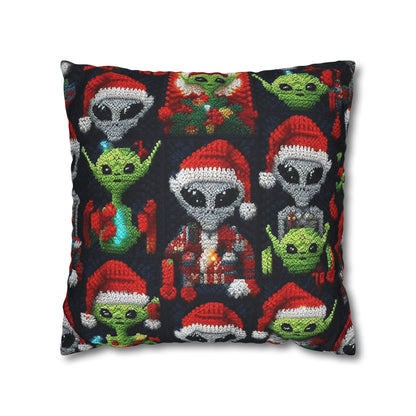 Festive Alien Invasion: Intergalactic Christmas Holiday Cheer with Santa Hats and Seasonal Gifts Crochet Pattern - Spun Polyester Square Pillow Case