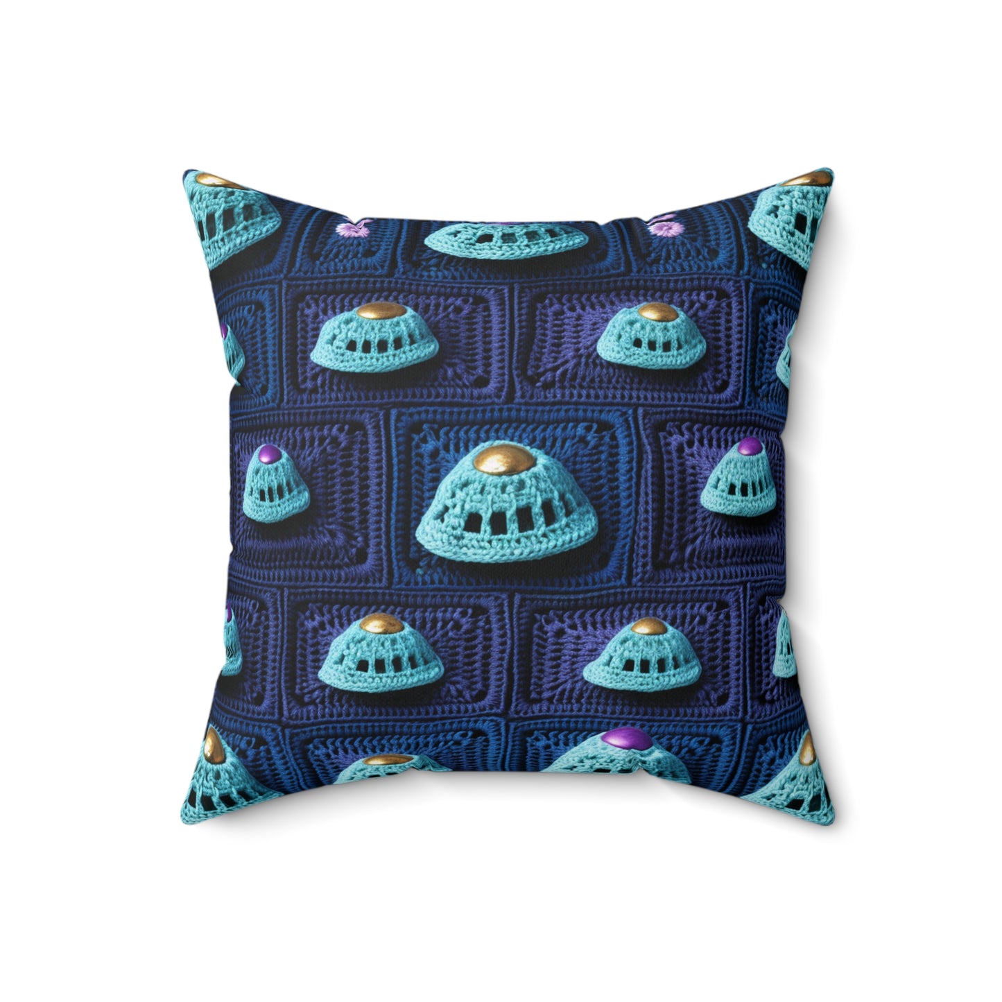 Spaceship UFO Crochet - Galactic Travel Ship - Alien Craft - Flying Saucer - Spun Polyester Square Pillow