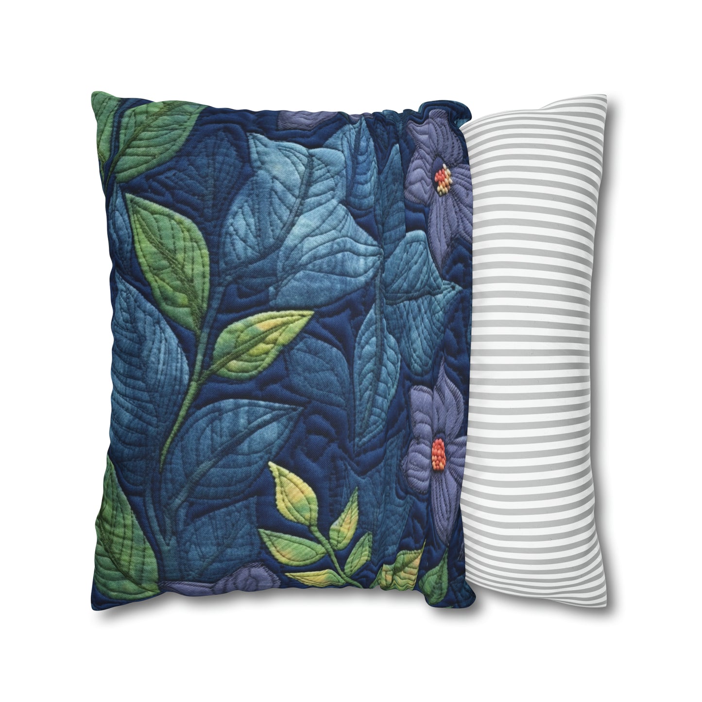 Floral Embroidery Blue: Denim-Inspired, Artisan-Crafted Flower Design - Spun Polyester Square Pillow Case