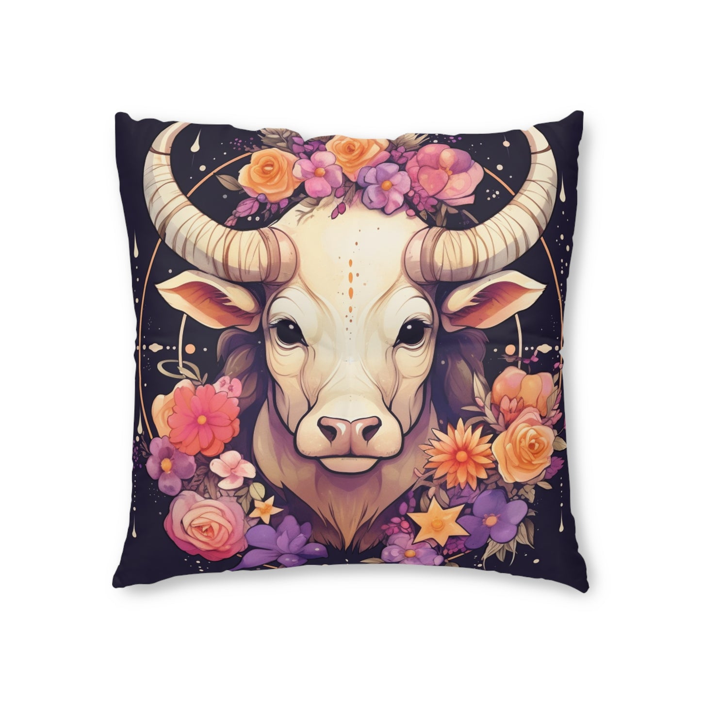 Taurus Zodiac Bull Flower Accents - 占星術のサイン - 房状フロアピロー、スクエア