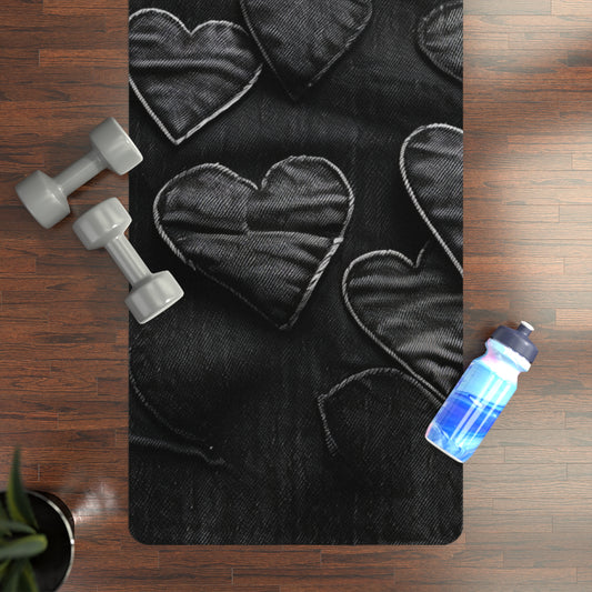 Black: Distressed Denim-Inspired Fabric Heart Embroidery Design - Rubber Yoga Mat