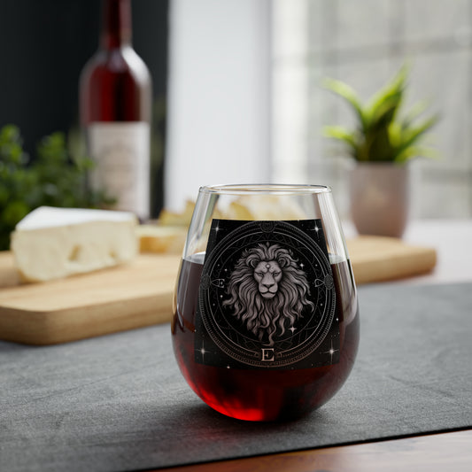 Leo Zodiac Stemless Wine Glass, 11.75oz - Sturdy Clear Glass with Solid Base - Mystical Black & White Design