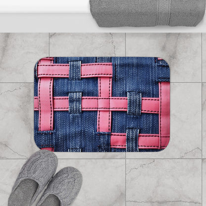 Candy-Striped Crossover: Pink Denim Ribbons Dancing on Blue Stage - Bath Mat