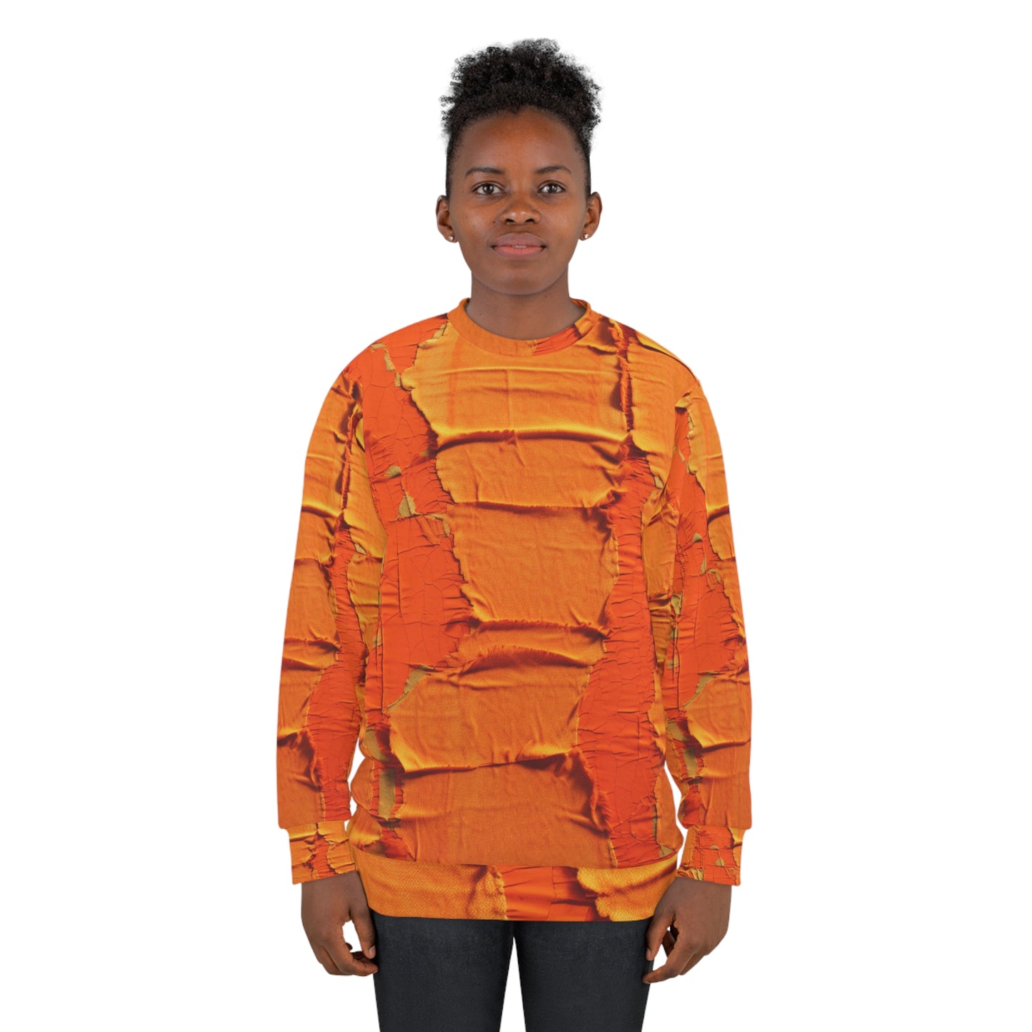 Fiery Citrus Orange: Edgy Distressed, Denim-Inspired Fabric - Unisex Sweatshirt (AOP)