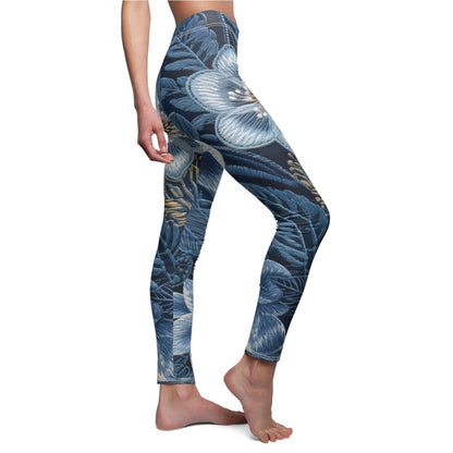 Flower Blossom Embroidery Floral on Denim Style - Women's Cut & Sew Casual Leggings (AOP)