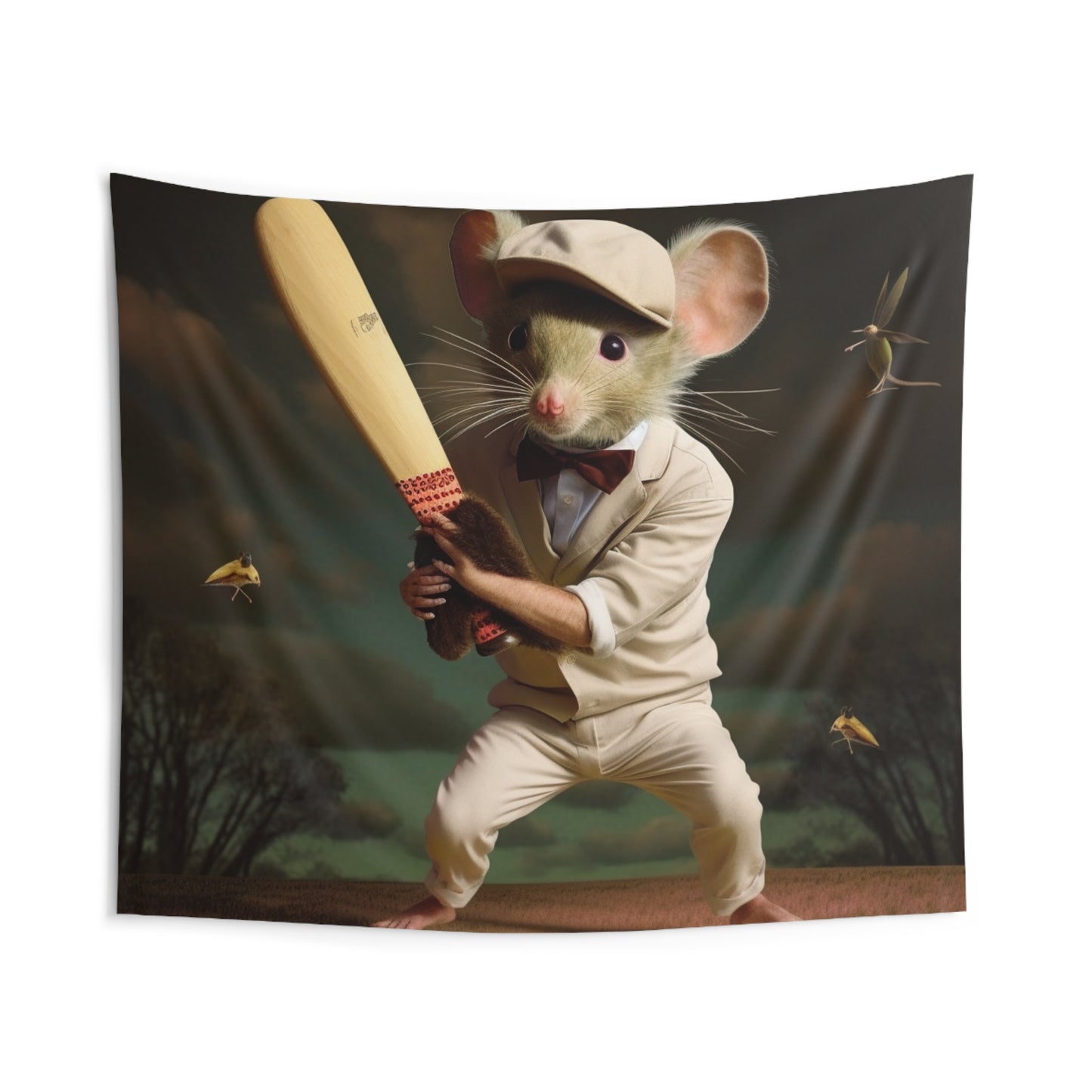 Mouse Cricket Batting, Wicket, Ball Hitting Stump, Howzat Moment - Indoor Wall Tapestries