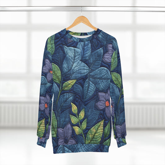 Bordado floral azul: diseño de flores artesanal e inspirado en la mezclilla - Sudadera unisex (AOP) 