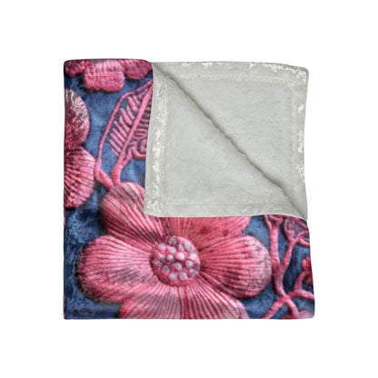 Denim Blue Doll Pink Floral Embroidery Style Fabric Flowers - Crushed Velvet Blanket