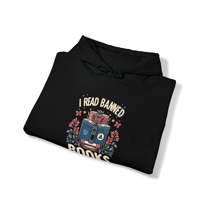 Owl Scholar Reading Among Stars and Florals - I Read Banned Books Themed IllustrationUnisex Heavy Blend™ Hooded Sweatshirt