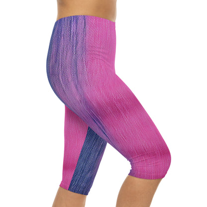 Dual Delight: Half-and-Half Pink & Blue Denim Daydream - Women’s Capri Leggings (AOP)