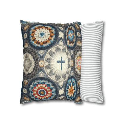 Bohemian Crochet Mandala with Centered Christian Cross - Earthy Tones Mosaic - Spun Polyester Square Pillow Case