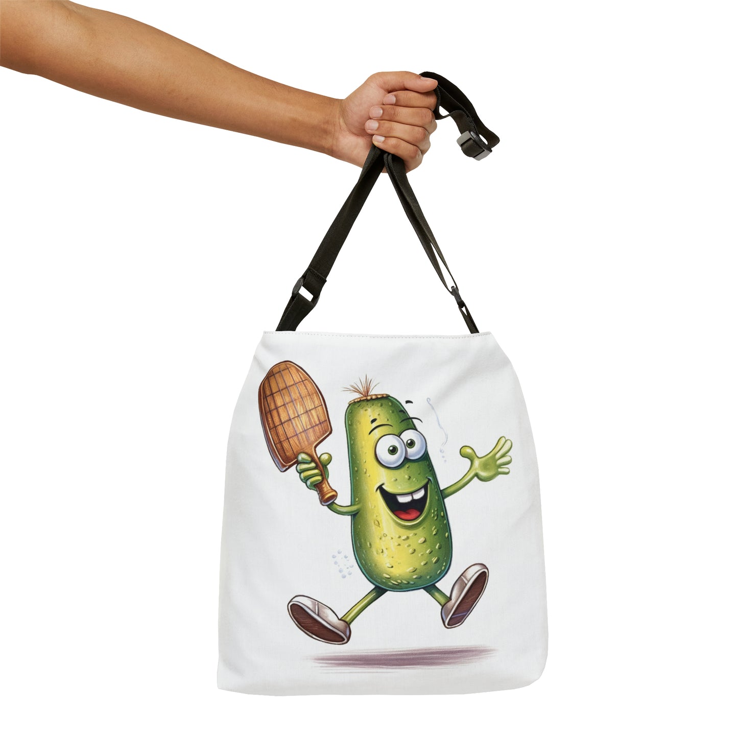 Pickle Player Action: Cartoon Swinging Pickleball Paddle - Sporty Charm - Adjustable Tote Bag (AOP)