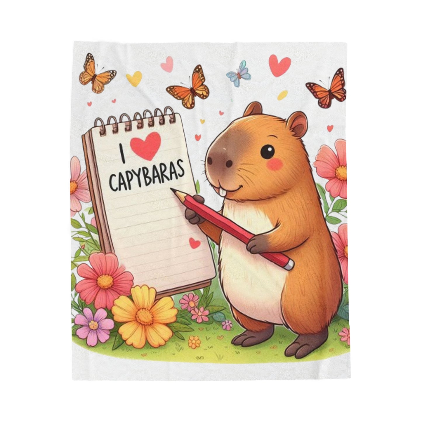 Capybara Holding Pencil and Notepad with I Love Capybaras, Cute Rodent Surrounded by Flowers and Butterflies, Velveteen Plush Blanket