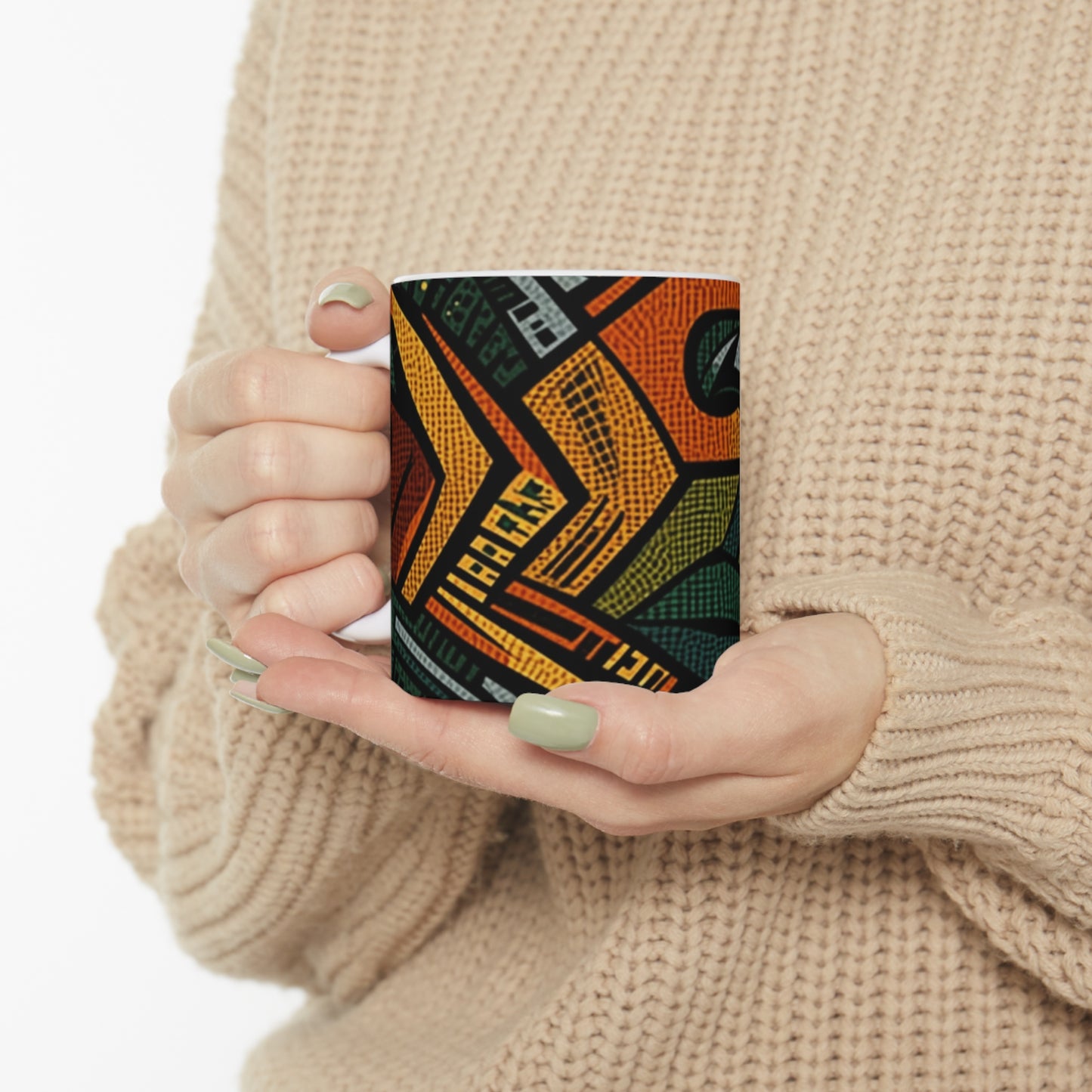 1960-1970s Style African Ornament Textile - Bold, Intricate Pattern - Ceramic Mug 11oz