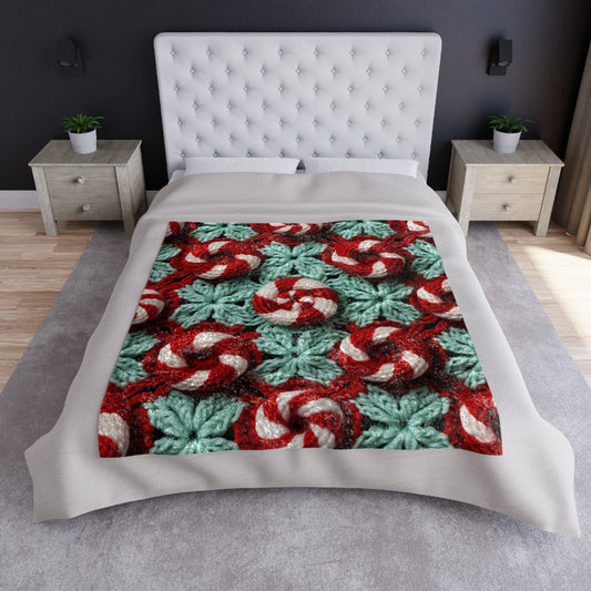 Christmas Crochet Candy Cane - Pepper Red Crystal White Holiday Pattern - Crushed Velvet Blanket