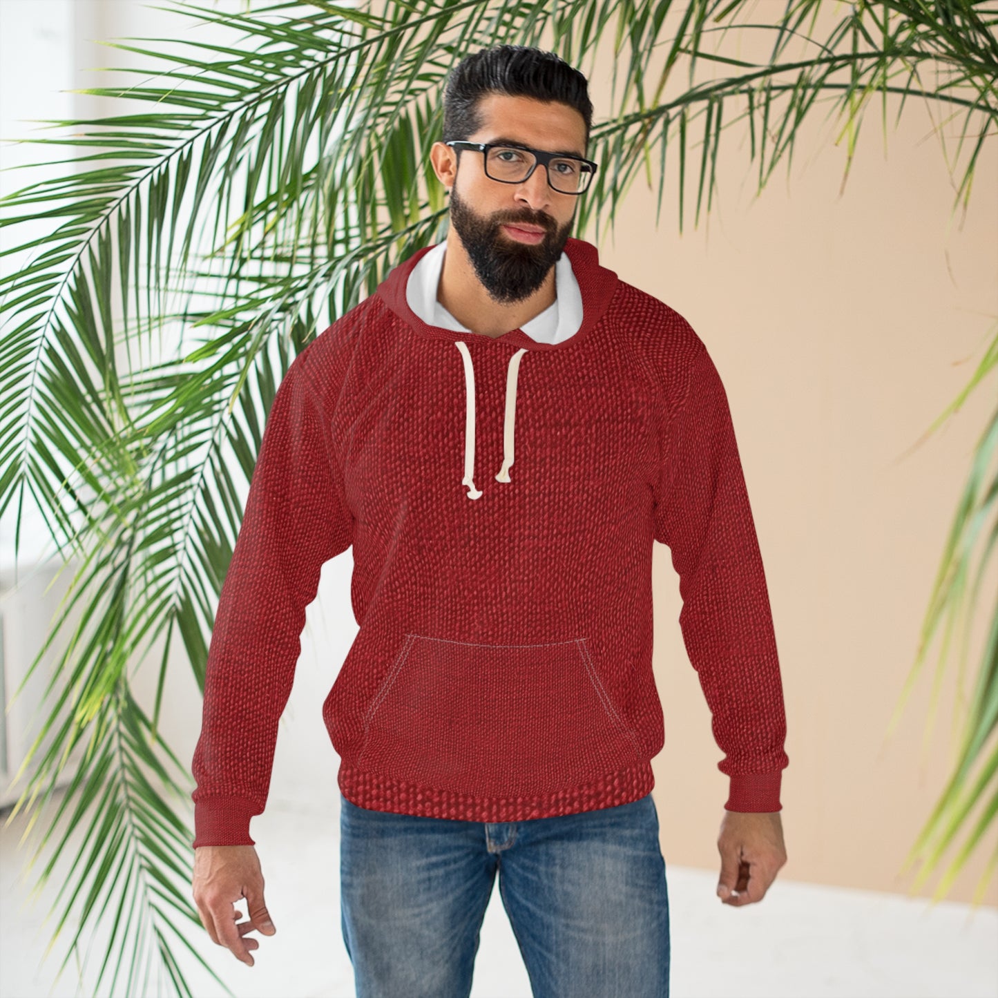 Rojo rubí atrevido: estilo de tela apasionado e inspirado en la mezclilla - Sudadera con capucha unisex (AOP)