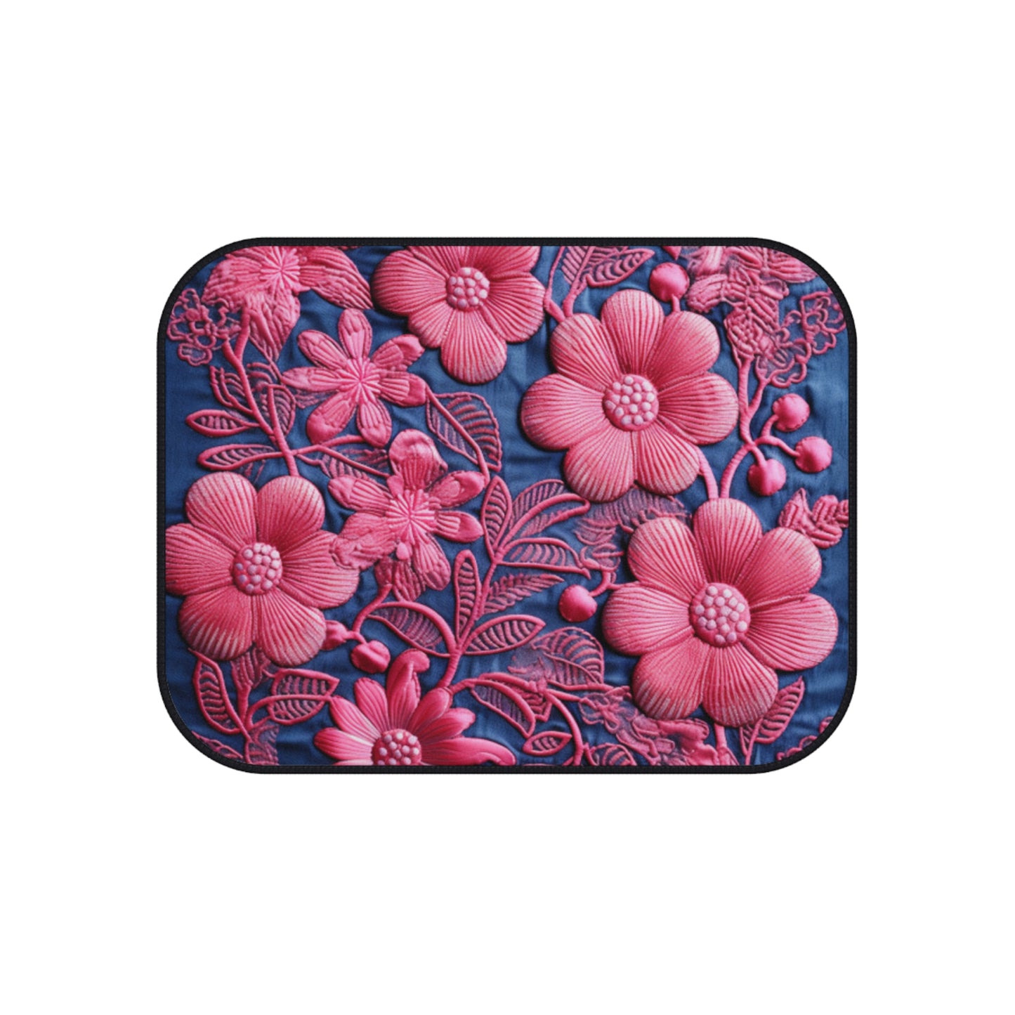 Denim Blue Doll Pink Floral Embroidery Style Fabric Flowers - Car Mats (Set of 4)