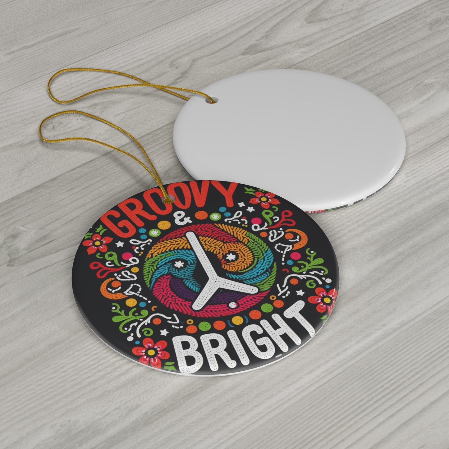 Groovy & Bright Festive Vibes - Colorful Embroidery Style Peace Sign with Floral Accents - Ceramic Ornament, 4 Shapes