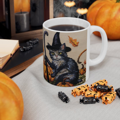 Halloween Cat Magic: Embroidered Style Feline with Pumpkins & Witch Hat - Ceramic Mug 11oz