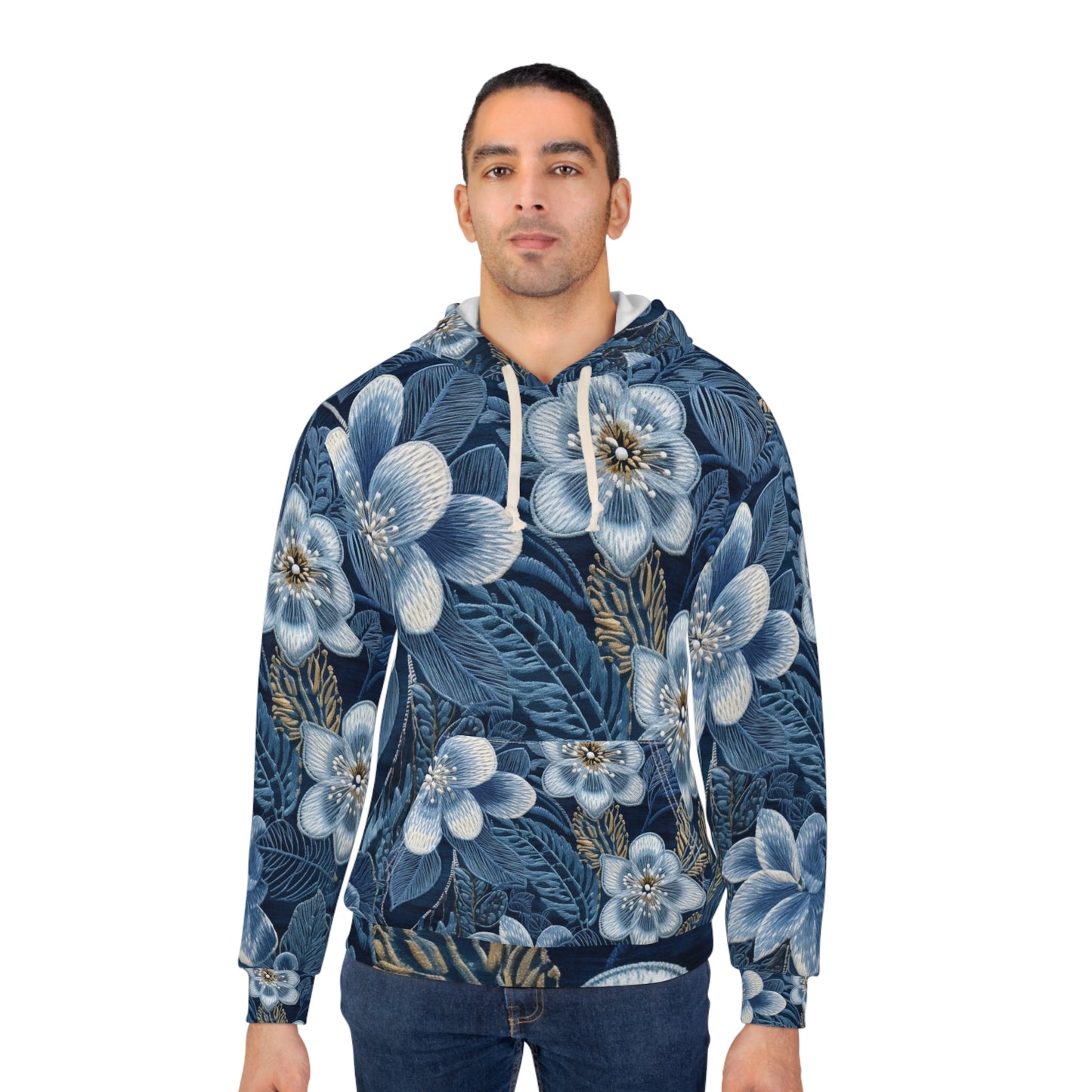 Flower Blossom Embroidery Floral on Denim Style - Unisex Pullover Hoodie (AOP)