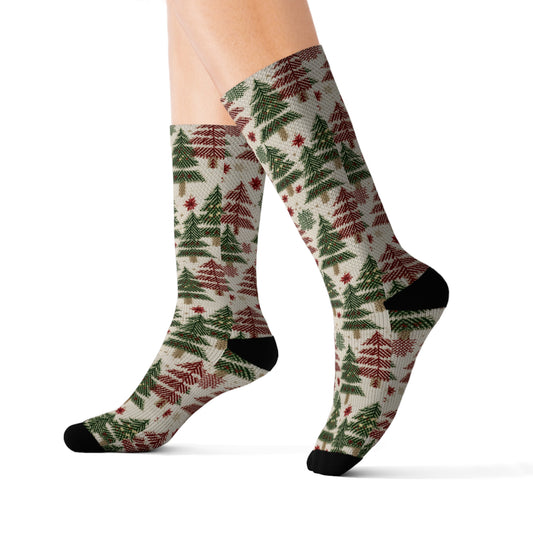 Embroidered Christmas Winter, Festive Holiday Stitching, Classic Seasonal Design - Sublimation Socks