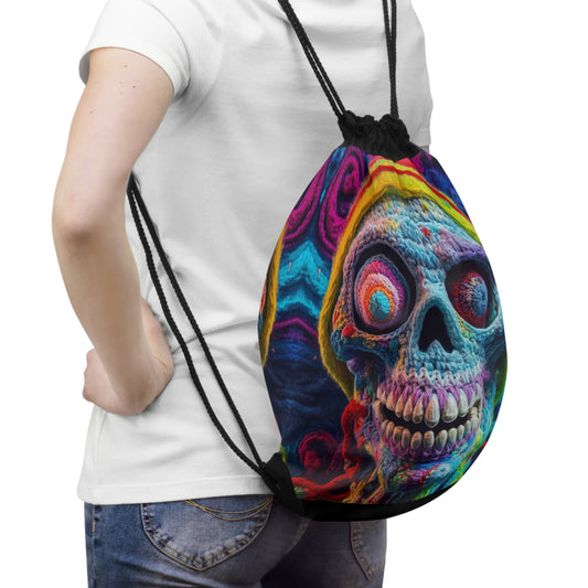 Diseño de terror aterrador de Halloween con calavera de ganchillo - Mochila con cordón 