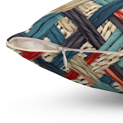 Colorful Yarn Knot: Denim-Inspired Fabric in Red, White, Light Blue - Spun Polyester Square Pillow