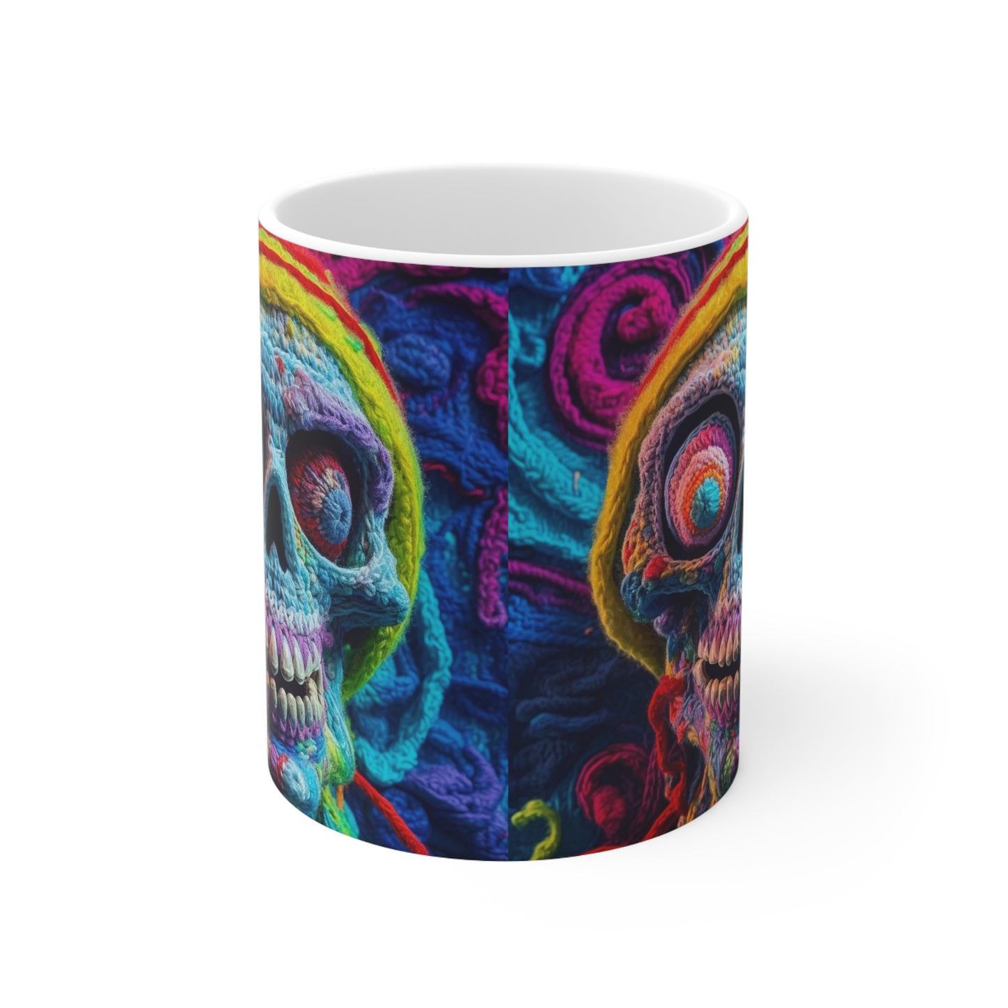 Diseño de terror aterrador de Halloween con calavera de ganchillo - Taza de cerámica 11oz 