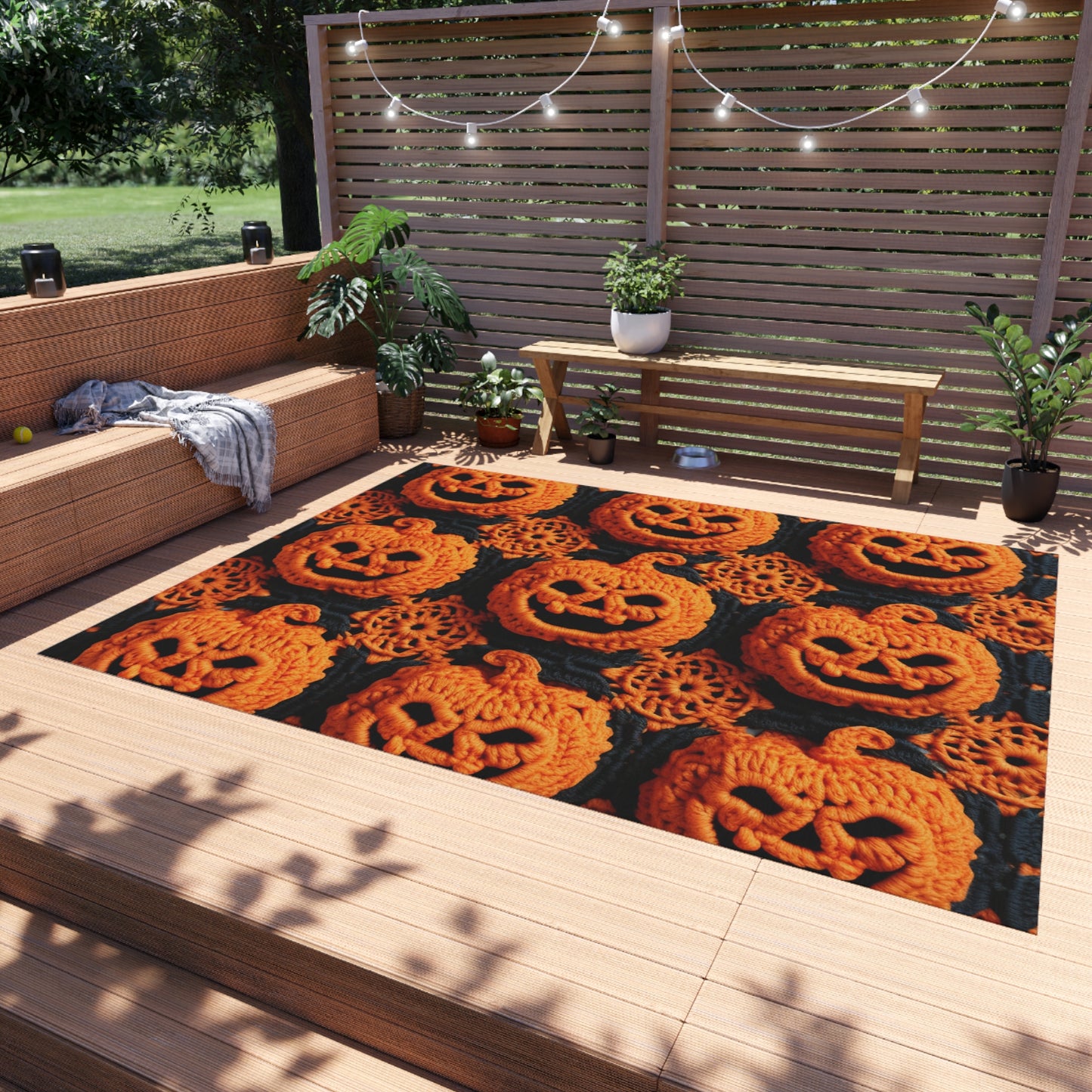 Halloween Crochet Pumpkin Scary Horror Festive Holiday Pattern - Outdoor Rug