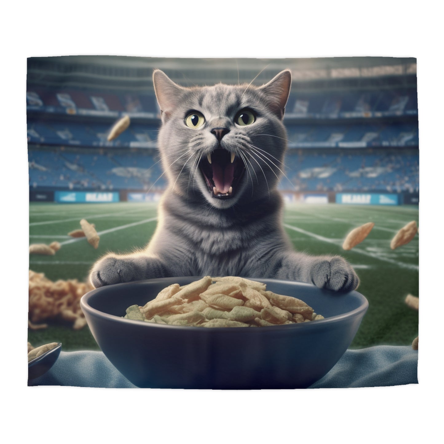 Felino de fútbol de entretiempo: gatito que grita, aficionado a los deportes, gato, comida en el estadio, funda nórdica de microfibra