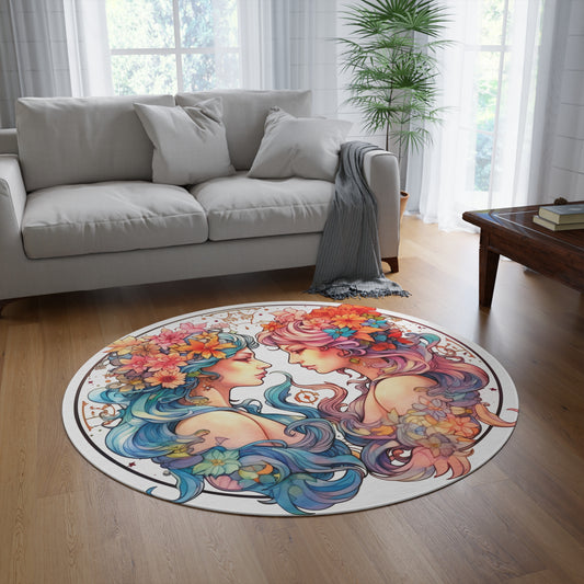 Zodiac Gemini Clipart - Twins Symbol, Whimsical Comic Style - Round Rug