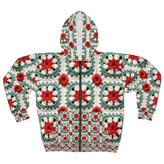 Christmas Granny Square Crochet, Cottagecore Winter Classic, Seasonal Holiday - Unisex Zip Hoodie (AOP)