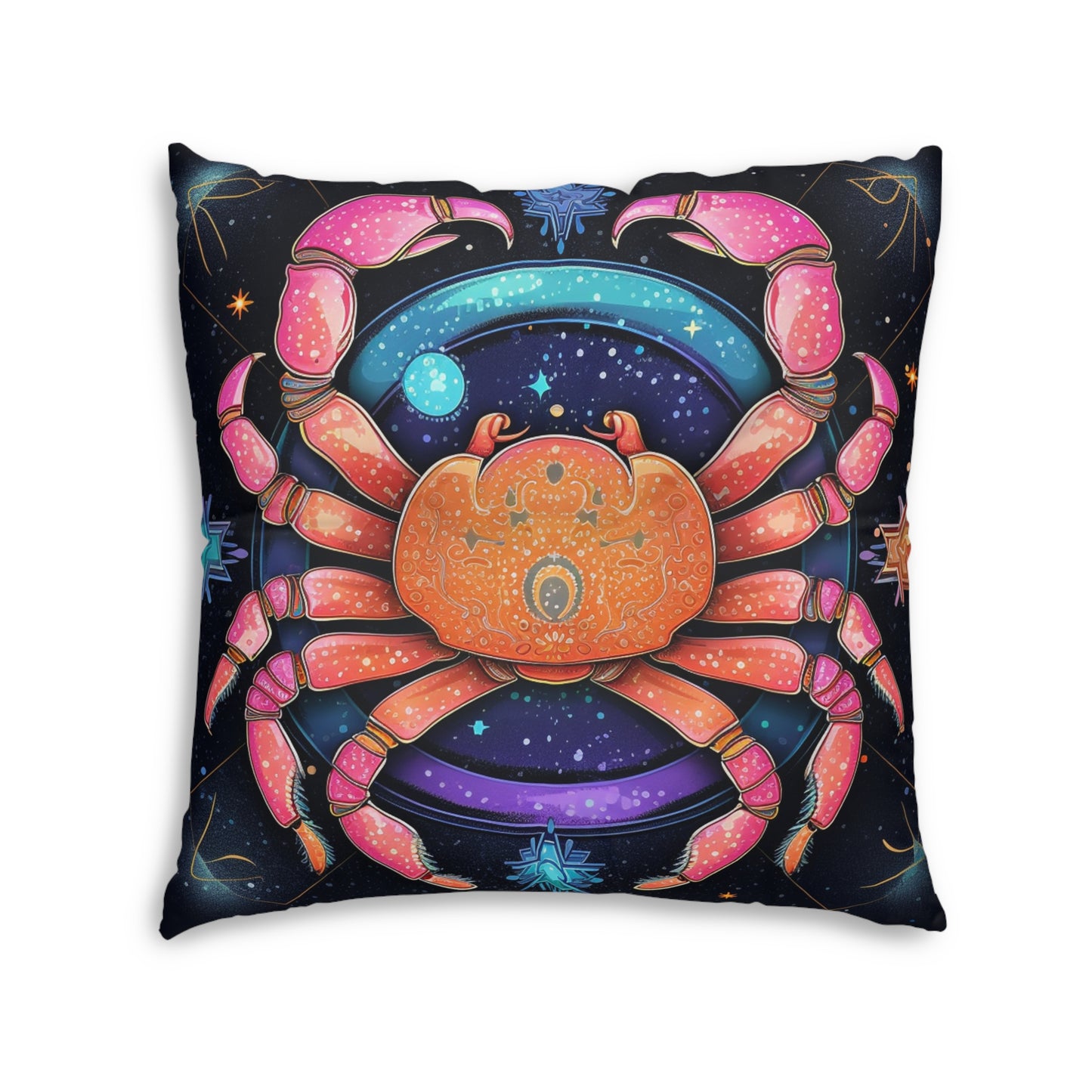 Cangrejo celestial arcoíris - Arte vibrante del signo del zodíaco del cáncer - Almohada de suelo copetuda, cuadrada 