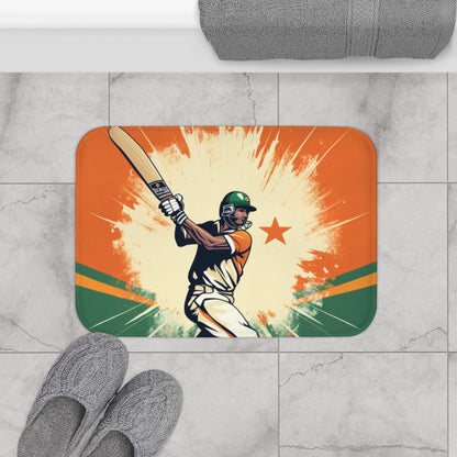 India Cricket Star: Batsman With Willow Bat, National Flag Style - Sport Game - Bath Mat