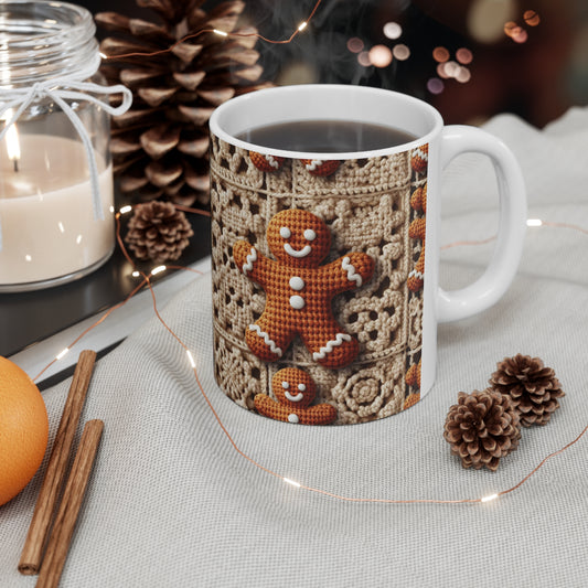 Rustic Gingerbread Delights: Christmas Crochet Gingerbread Men on Classic Beige Granny Squares - Ceramic Mug 11oz