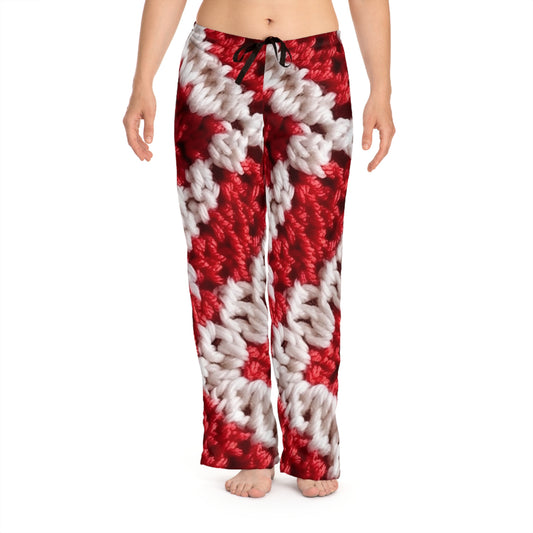 Cálido punto de crochet rojo y blanco de invierno: diseño de textura elegante y cinematográfico - Pantalones de pijama para mujer (AOP) 