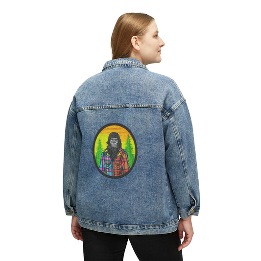Sasquatch Wearing Neon Plaid, Embroidered Patch Graphic,  Women's Denim Jacket