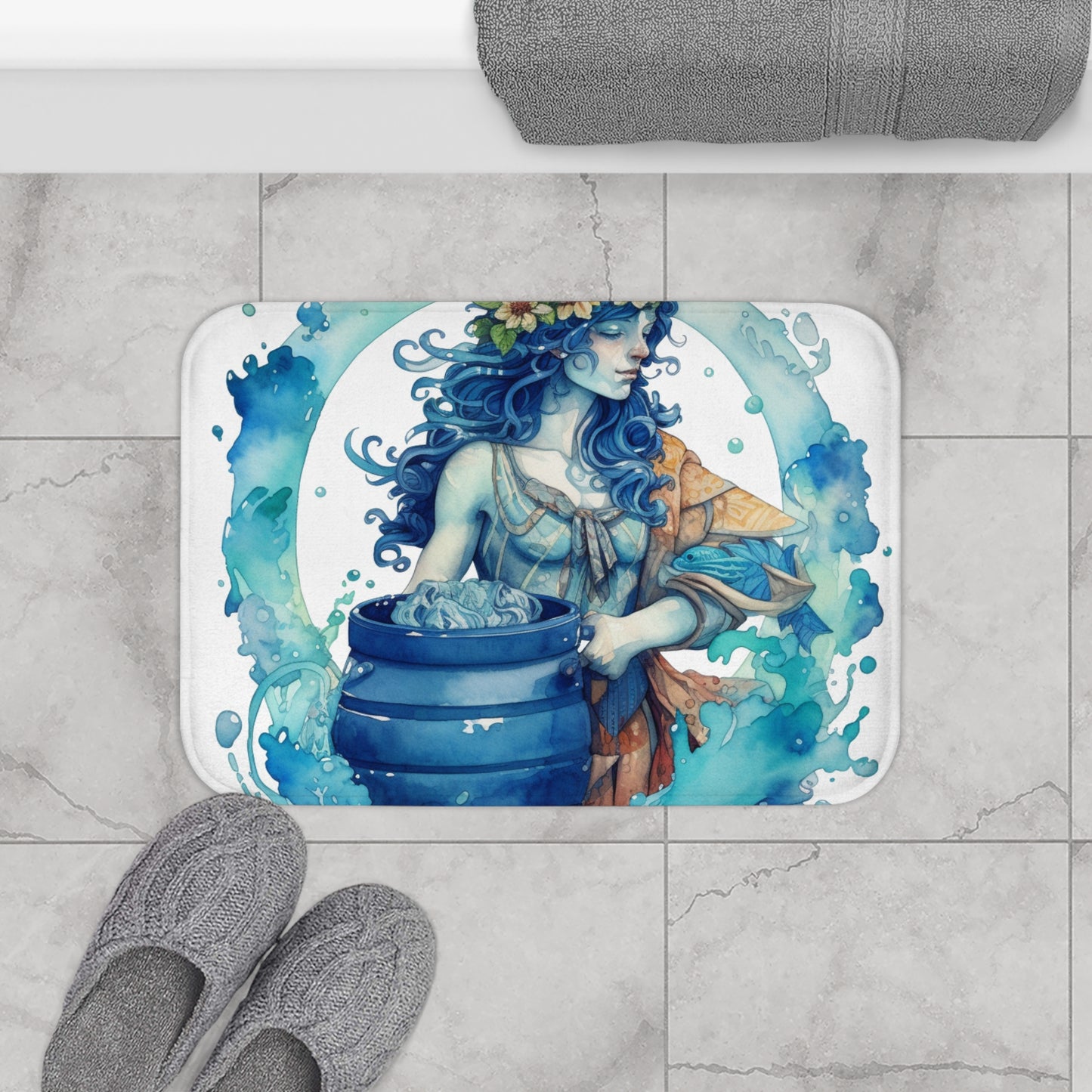 Artistic Aquarius Zodiac - Watercolor Water-Bearer Depiction - Bath Mat