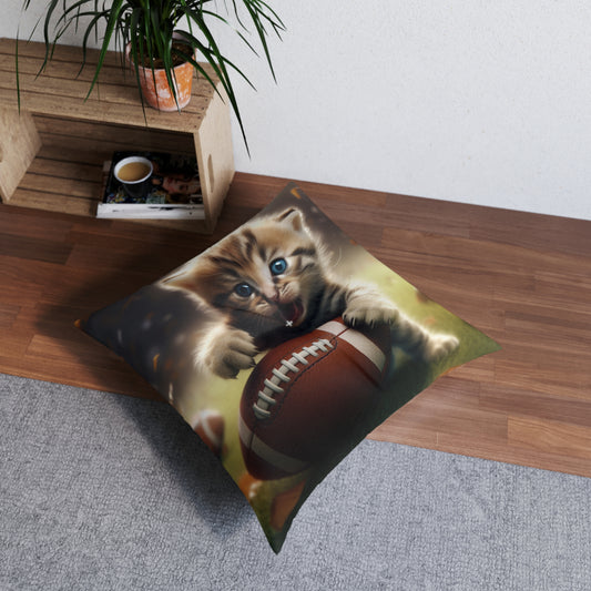 Football Kitten Touchdown: Tabby's Winning Play Sport Game - Tufted Floor Pillow, Square