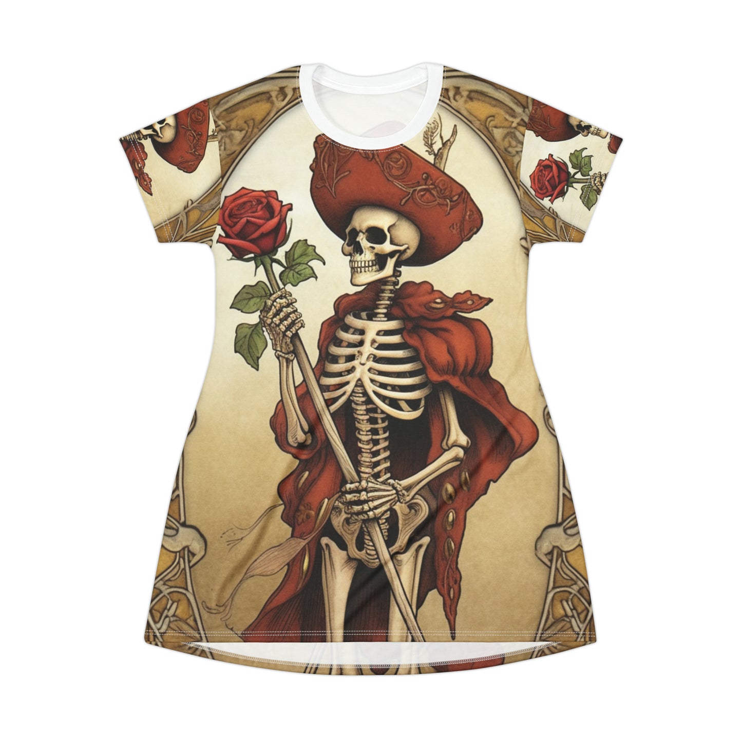 Death Card Tarot - Skeleton, Rose, and Transformation Journey - T-Shirt Dress (AOP)