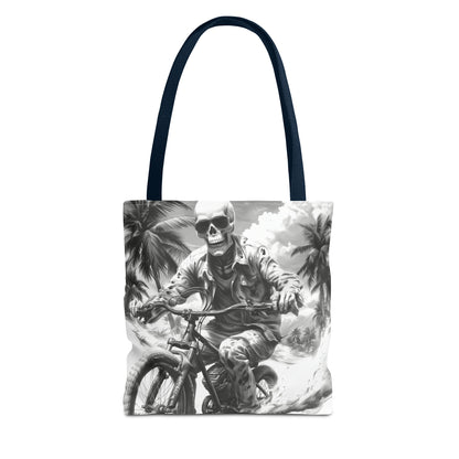 Biker Skeleton Wearing Sunglasses, Riding Sunset Boulevard in California Motorcycle, Tote Bag (AOP)