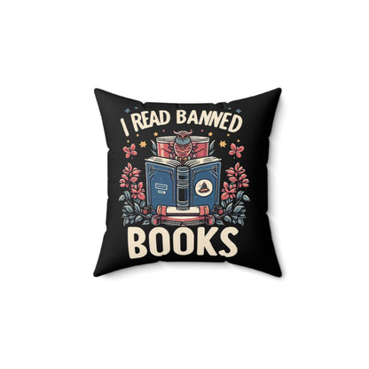 Owl Scholar Reading Among Stars and Florals - I Read Banned Books Themed Illustration - Spun Polyester Square Pillow