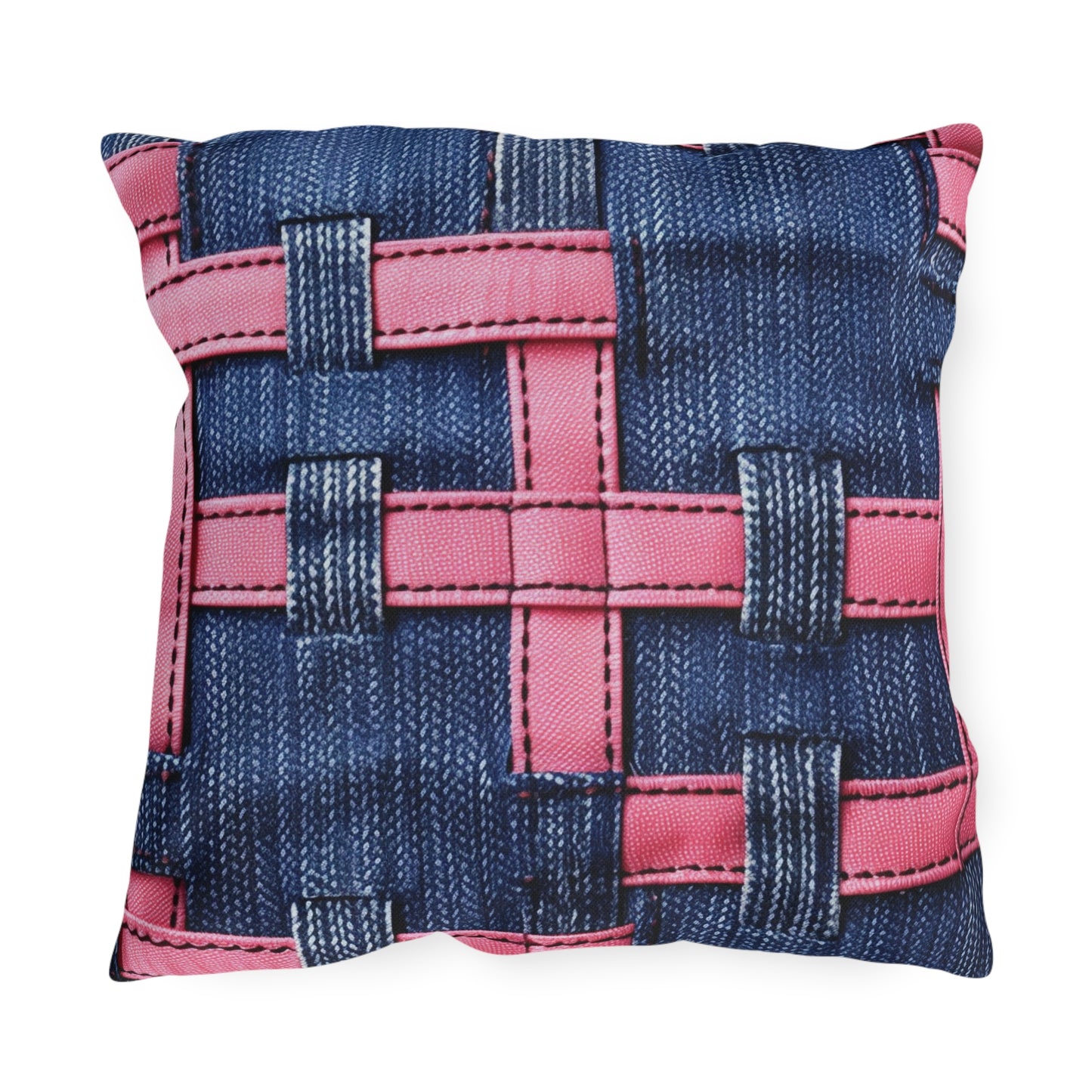 Candy-Striped Crossover: Pink Denim Ribbons Dancing on Blue Stage - Outdoor Pillows