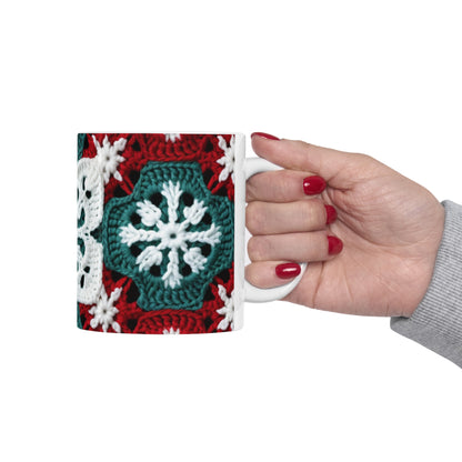 Christmas Snowflake Crochet, Festive Yuletide, Winter Wonderland Craft, Ice Crystal, Holiday Decor, Seasonal Adornments - Ceramic Mug 11oz