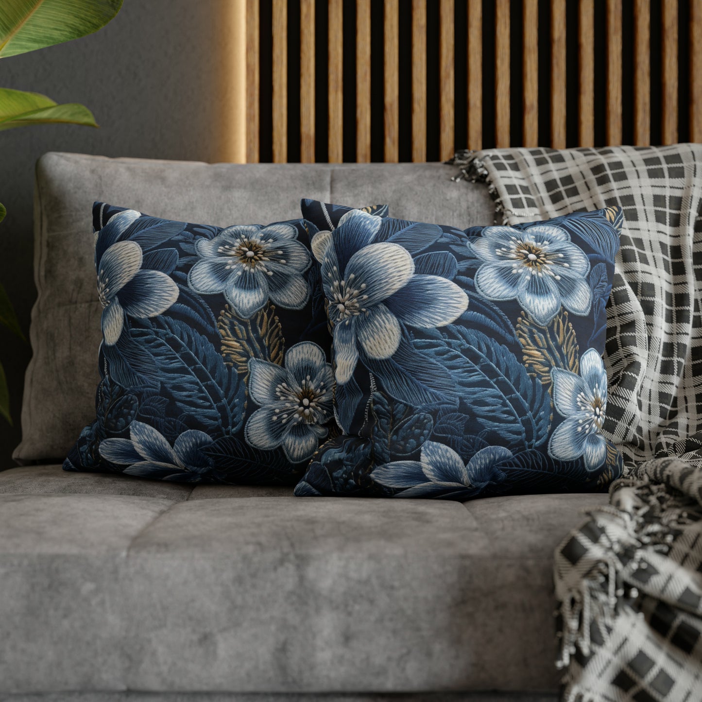 Flower Blossom Embroidery Floral on Denim Style - Spun Polyester Square Pillow Case