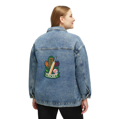 Cricket Sport Game, Gift, Chenille Patch Graphic, Women's Denim Jacket