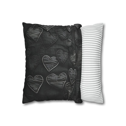 Negro azabache: diseño de bordado de corazón de tela inspirada en la mezclilla desgastada - Funda de almohada cuadrada de poliéster hilado 